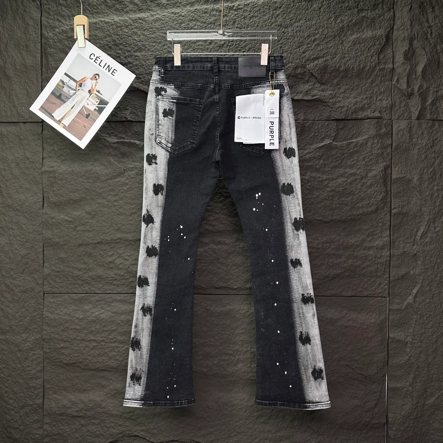 PURPLE BRAND 2025 New Arrival Heavy Industry Contrasting Color Splash Ink Couple Style Washed Loose Bootcut Jeans High Version High Version Top Ceiling Quality Styles with different washed textures are very friendly to people with thin legs and thick legs. The loose bootcut style is very flattering to the leg shape. Moderate length that never goes out of style, easy and casual to match, basic styling for various styles, a must-have in the wardrobe! The fabric is stiff but also makes the upper body soft without losing texture. The washing process is even more perfect. It is a must-have item for everyone! ! ! Washed wheat, hang tag, pants label, three labels complete Color: washed black Size: 28, 30, 32, 34, 36 (five sizes)